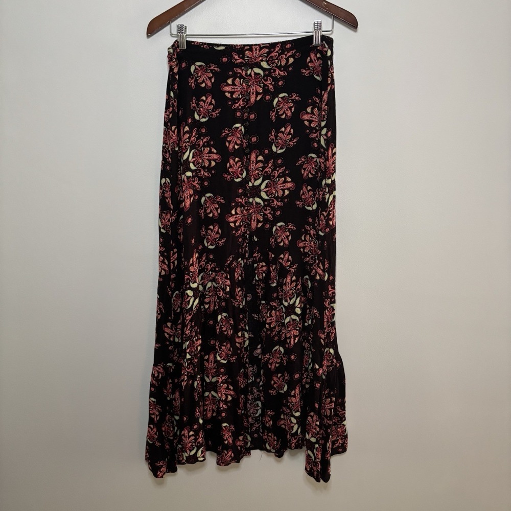 Earthbound Womens Maxi Skirt Medium Red Paisley Floral Boho Festival Front Slit - Picture 2 of 11